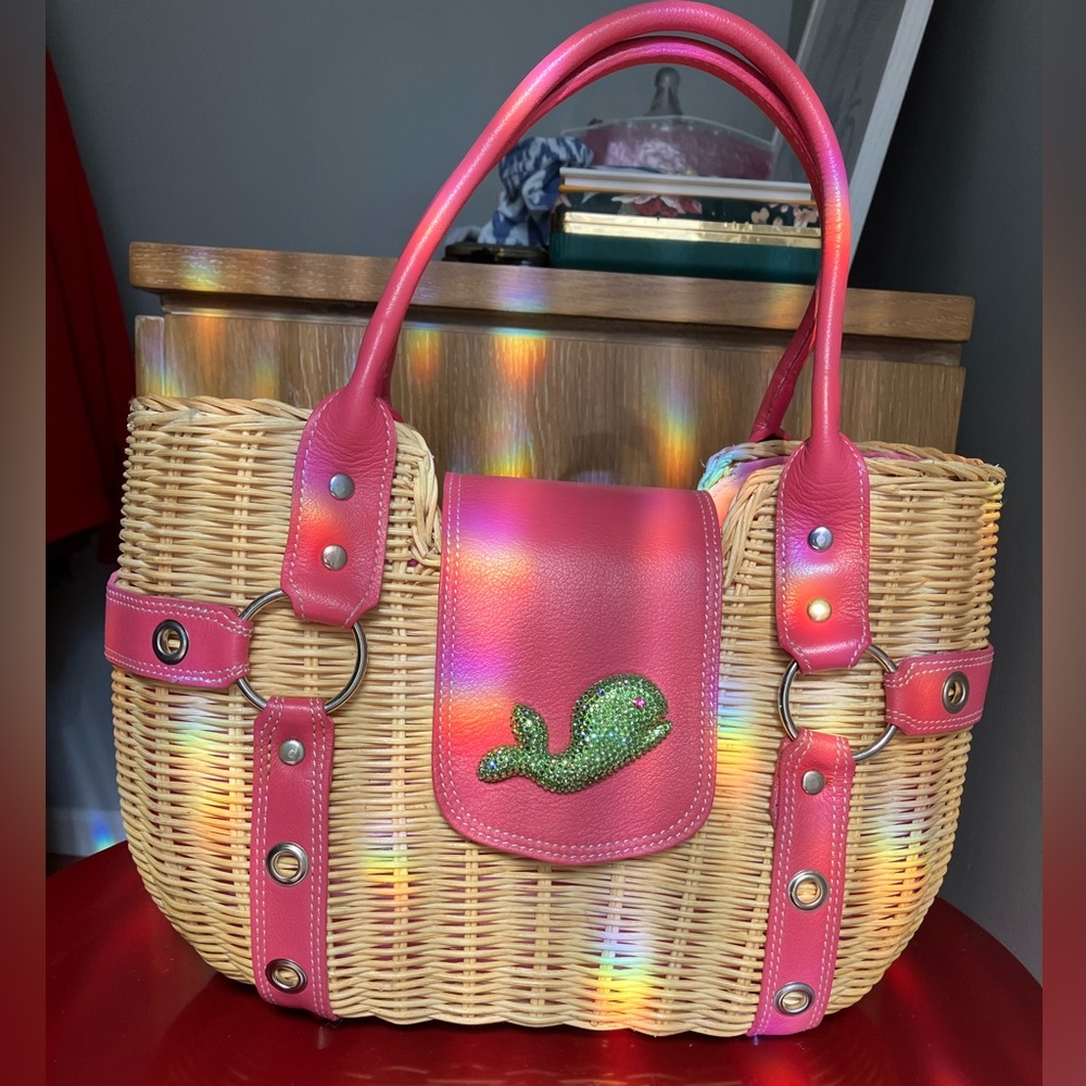 Eliza Gray designer wicker handbag with pink leather and crystal whale detail